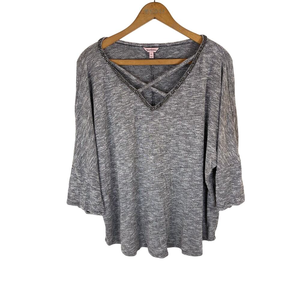 Y2K Juicy Couture Cross Front Sweater Glitzy V-Neck Size XL Grey Gray Pull Over